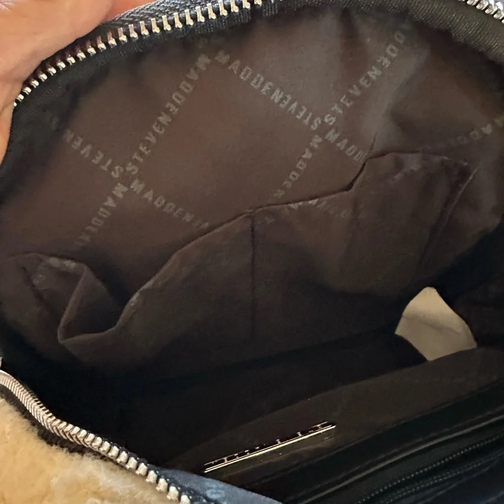 Steve Madden Mini Sherpa Adjustable Backpack Bag | Cream and Black